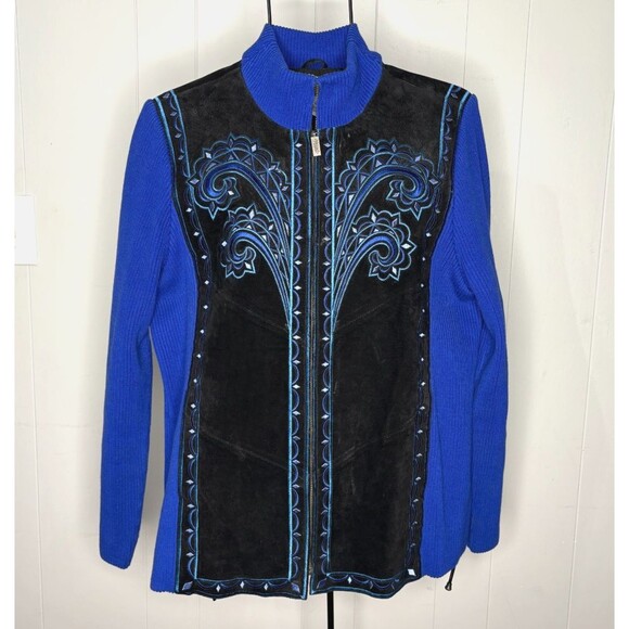 Vintage Bob Mackie Wearable Art Jacket Blue Embroidered Suede Leather Sz M Zipup - Picture 1 of 10